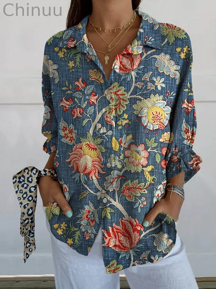 Women's Vintage Ethnic Floral Art Print Casual Linen V-neck Shirt