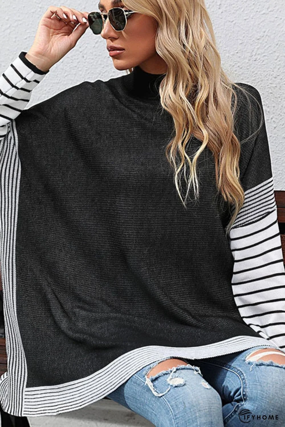 Striped Dolman Sleeve Mock Neck Knit Pullover | IFYHOME