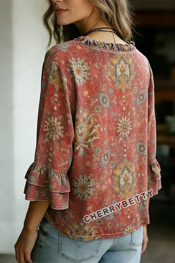 Vintage Floral Print V-Neck Ruffle Sleeve Top