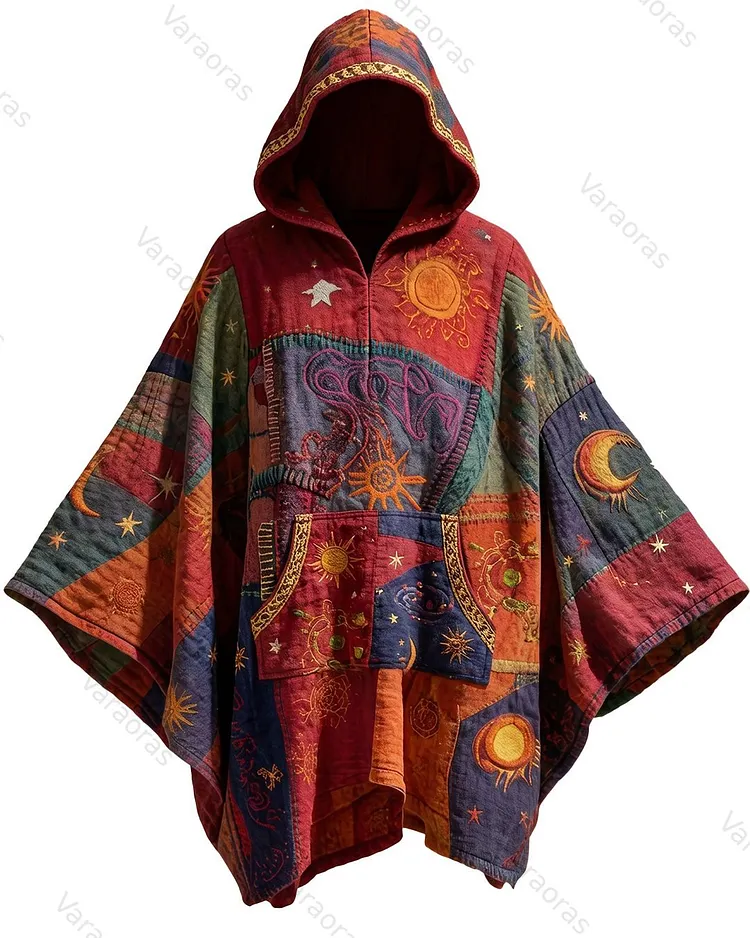 Men's Summer Fashion Star and Moon Embroidered Linen Hooded Cape 4978