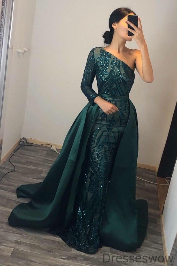 Dresseswow Dark Green One Shoulder Long Sleeve Mermaid Prom Dress Sequins With Overskirt