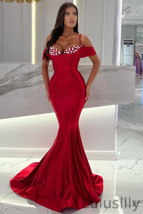 Classy Red Spaghetti-Straps Off-the-shoulder Mermaid Evening Gown With Beads - lulusllly