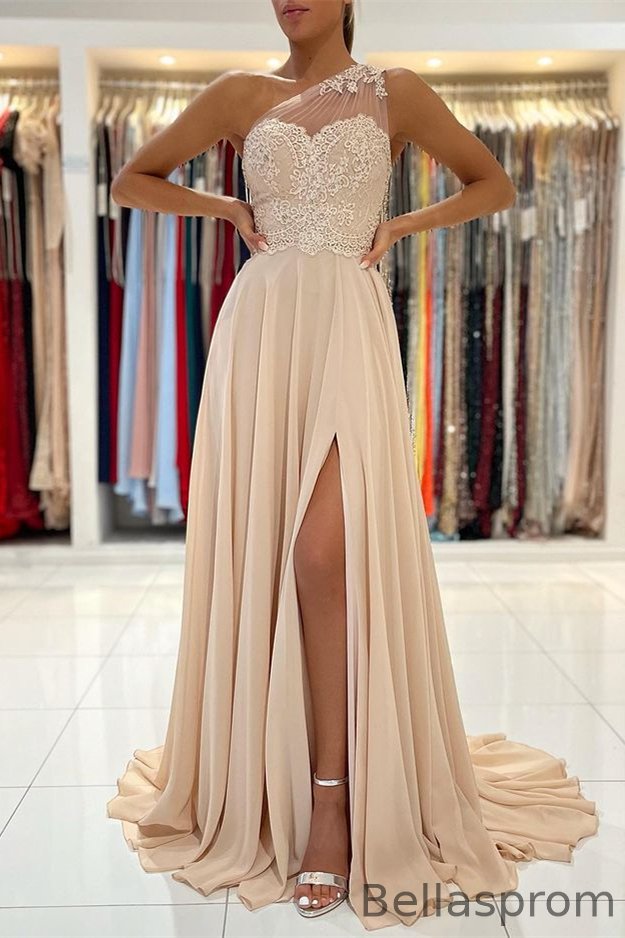 Bellasprom Lace Appliques Prom Dress Chiffon With Slit One Shoulder Bellasprom