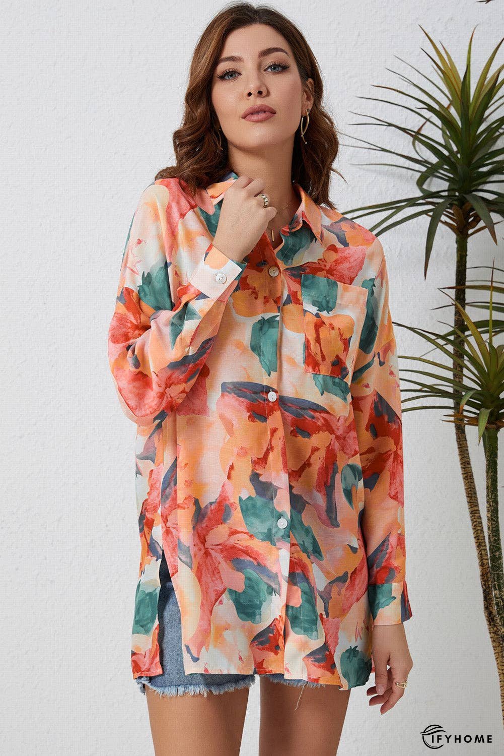 Floral Long Sleeve Slit Longline Shirt | IFYHOME