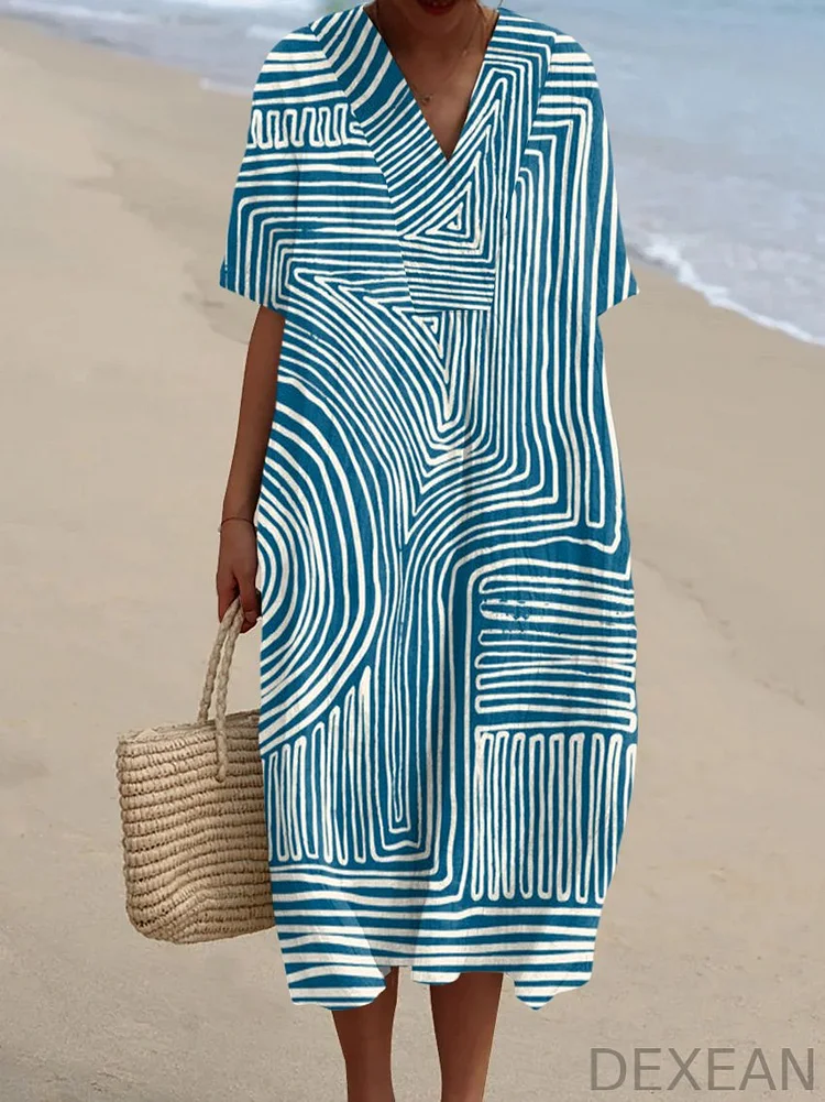 Vintage Unisex Abstract Art V-Neck Midi Dress