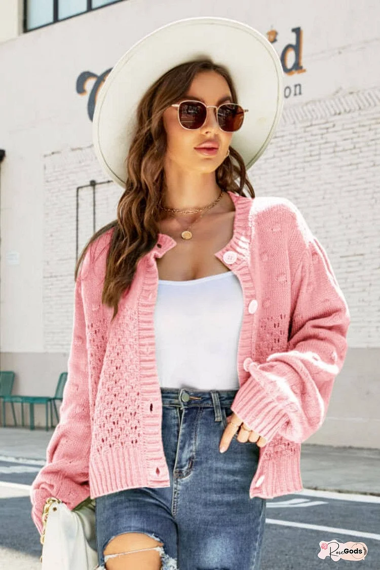 Openwork Pompom Puff Sleeve Cardigan