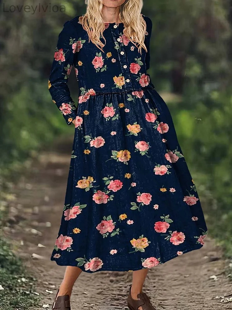 Women's Floral Print Long Sleeve Pocket Cotton Dress