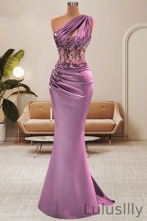 Stunning One Shoulder Mermaid Evening Gown Lilac With Beads Sleeveless - lulusllly