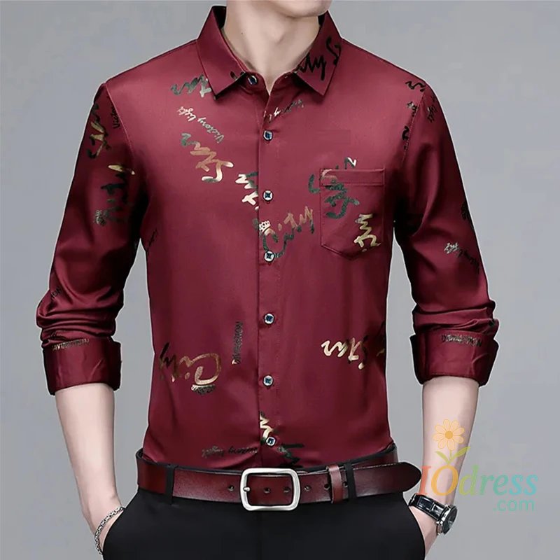 IO Menswear Men's Casual and Fashionable Long Sleeved Printed Shirt, Non Ironing and Wrinkle Resistant Business Top