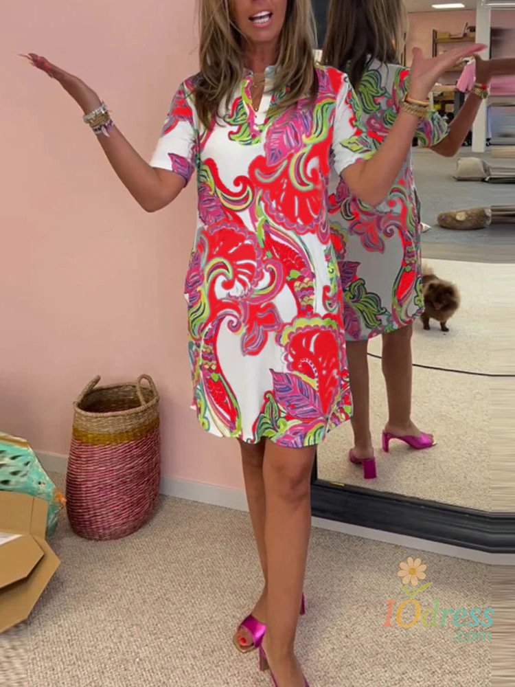 IO Dress Female Summer Retro Printed Dress 2024 Women's Loose V-neck Short Sleeved Boho Dress Vestidos Elegantes Para Mujer Платья Летние IO Dress
