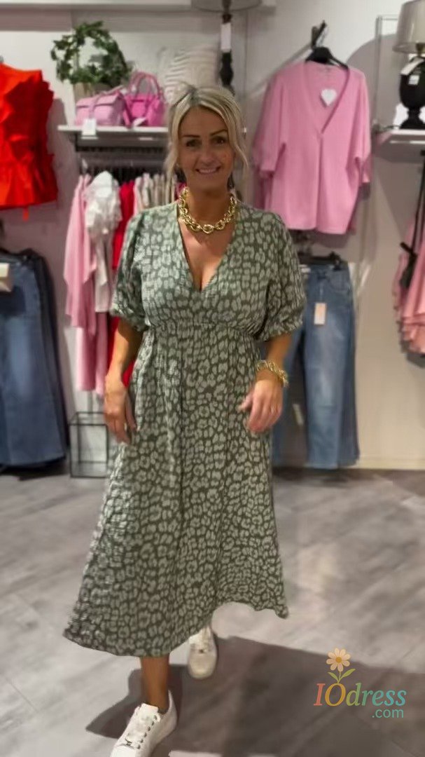 IO Dress Summer New Print V-neck Short Sleeve Dresses For Women Elegant Elastic Waist Loose Long Dress Backless Lace-up Dress Vestidos