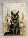 Abstract Geometric Cat Art Print Casual T-Shirt