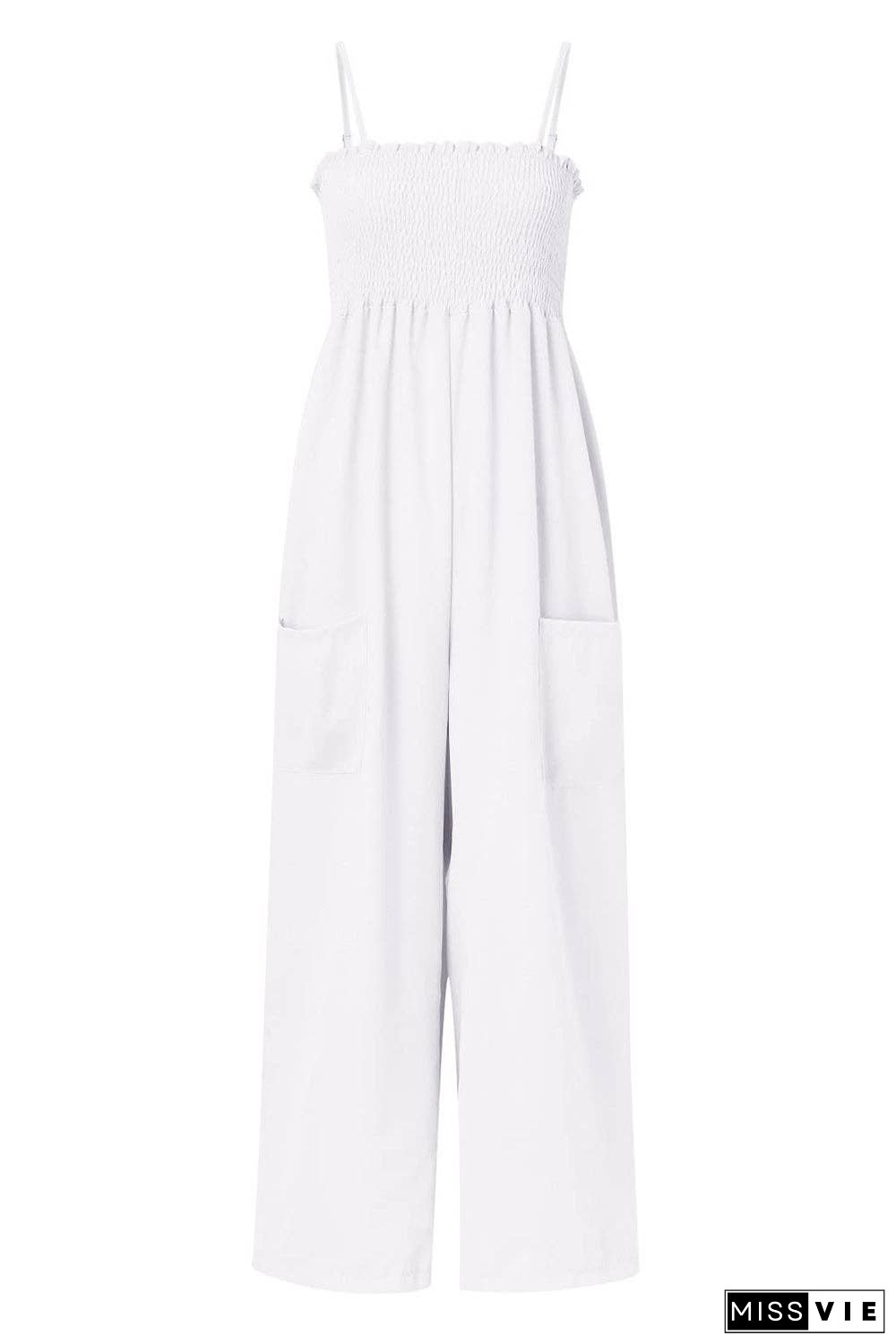 Smocked Spaghetti Strap Wide Leg Jumpsuit - Pocketed