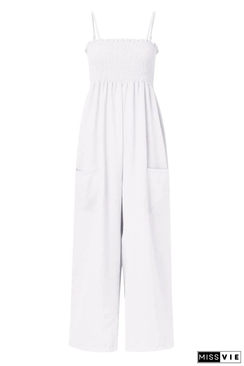 Smocked Spaghetti Strap Wide Leg Jumpsuit - Pocketed