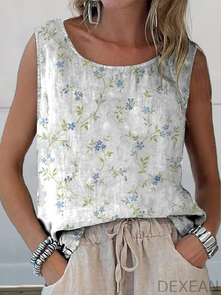Women's Retro Floral Art Print Casual Cotton And Linen Tank Top