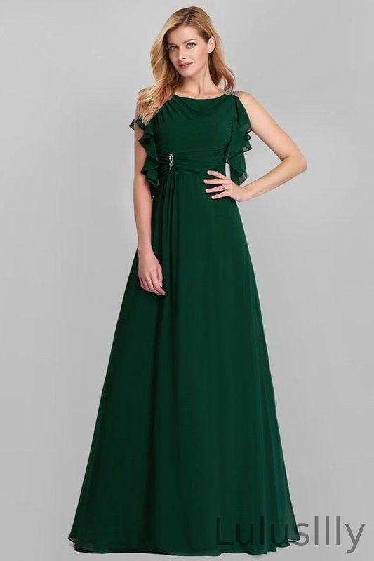 Emerald Green Ruffles Chiffon Long Evening Gowns Online - lulusllly