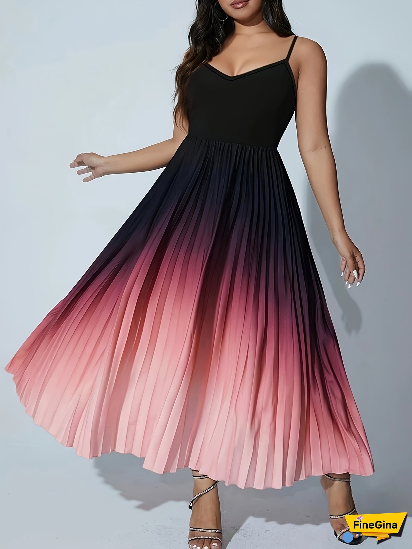Women's Plus Size Sleeveless Gradient Maxi Dress - Black To Pink Ombré, Pleated, V-Neck, Summer Dress For Casual, Commute, And Vacation, Casual Summer Dress | Gradient Design | Stretchy Fabric, Plus Size Dress