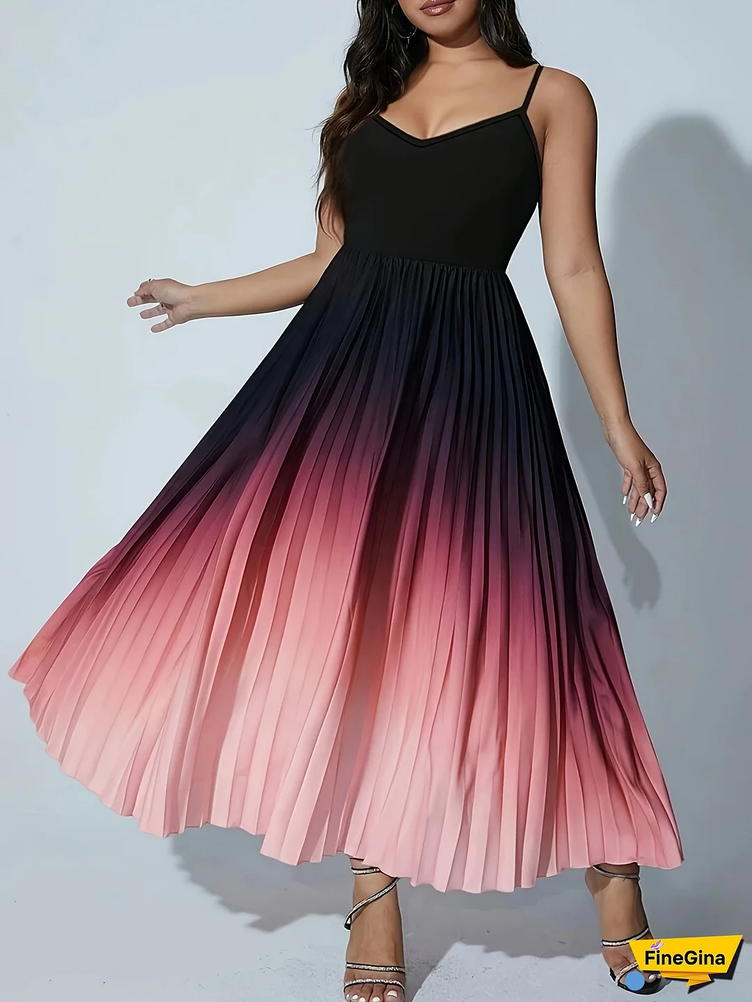 Women's Plus Size Sleeveless Gradient Maxi Dress - Black To Pink Ombré, Pleated, V-Neck, Summer Dress For Casual, Commute, And Vacation, Casual Summer Dress | Gradient Design | Stretchy Fabric, Plus Size Dress