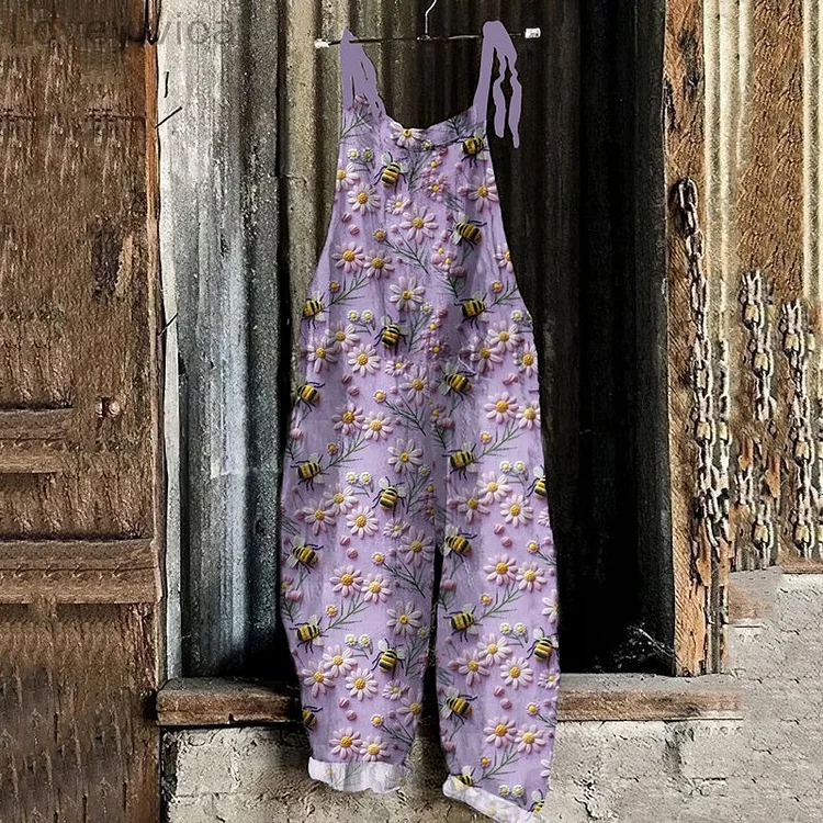 Vintage Flying Bees Flowers Pattern Casual Jumpsuit