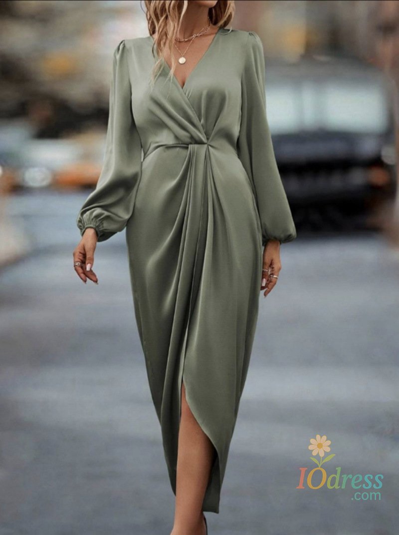 IO Dress 2023 Autumn and Winter New European and American Fashion Solid Color Waist Slit V-Neck Long Sleeve Dress for Women long dresses