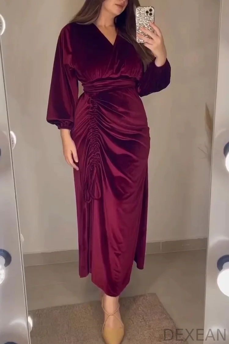 Women's V-neck drawstring slit velvet dress