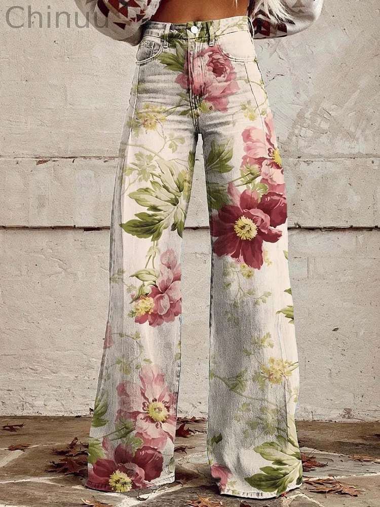 Women's Vintage Botanical Floral Wide Leg Pants