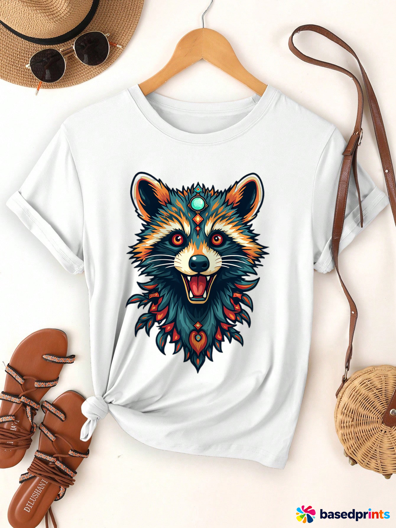 Tribal Raccoon T-Shirt Women's Short Sleeve Casual Tee