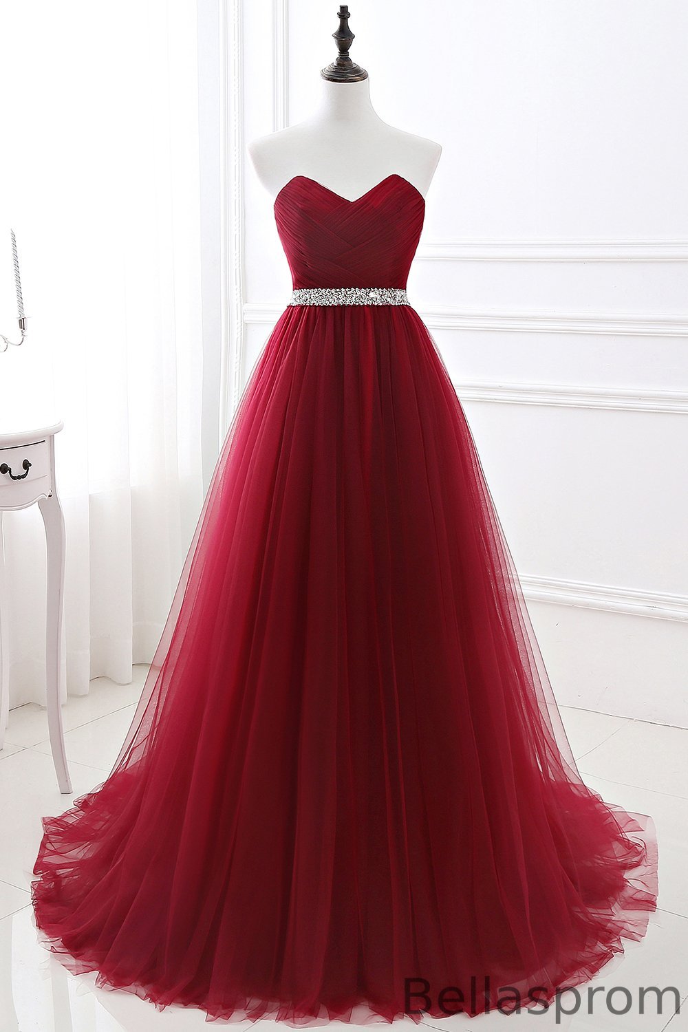 Bellasprom Burgundy Sweetheart Tulle prom Dress Crystal Long Bellasprom