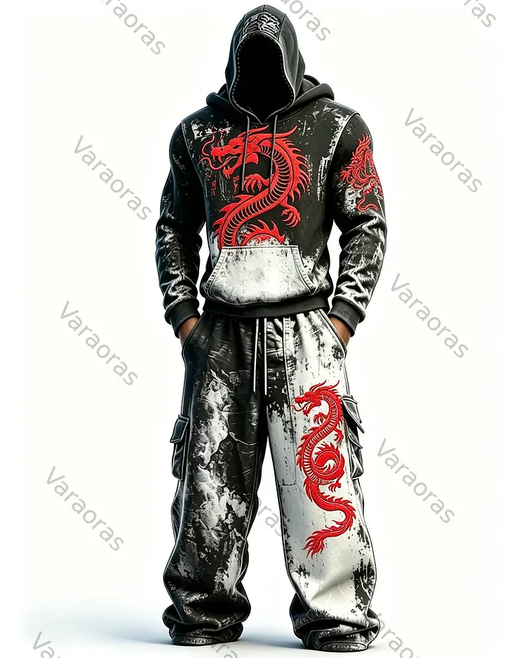 Men's Fashion Contrast Colo Red Dragonr Embroidered Hoodie & Pants Two-Piece Set 3040