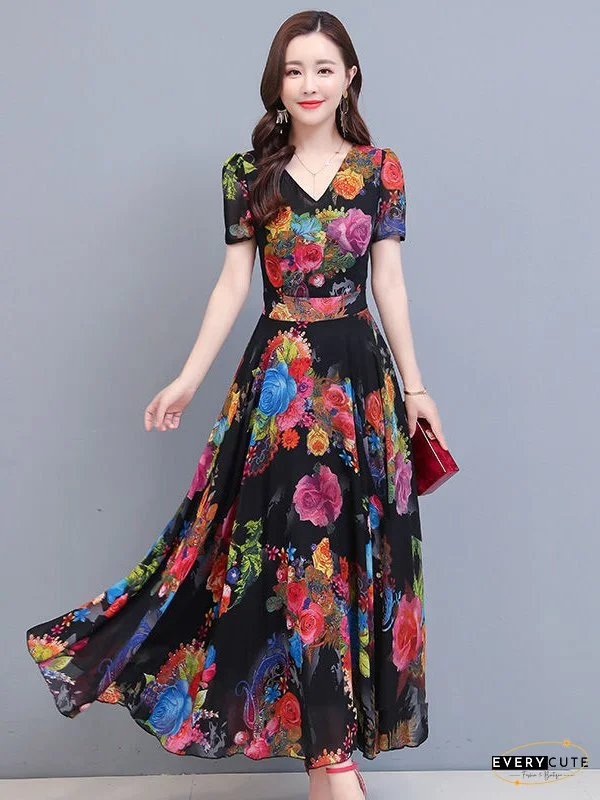 Women's Long Dress Maxi Dress Casual Dress Print Dress Floral Casual Daily Vacation Weekend Ruched Print Short Sleeve V Neck Dress Regular Fit Black Red Blue Spring Summer M L XL XXL 3XL