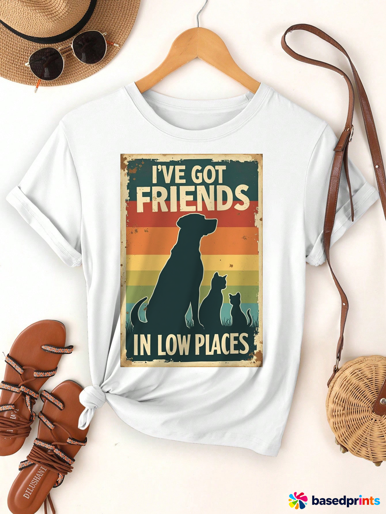 Vintage Dog Cat Friends Low Places T-Shirt Women Casual Short Sleeve Tee Tops