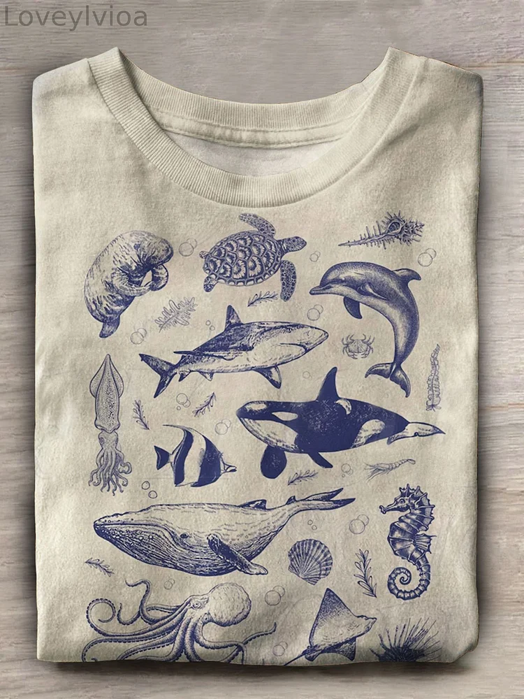 Vintage Marine Animal Print Short Sleeve Top