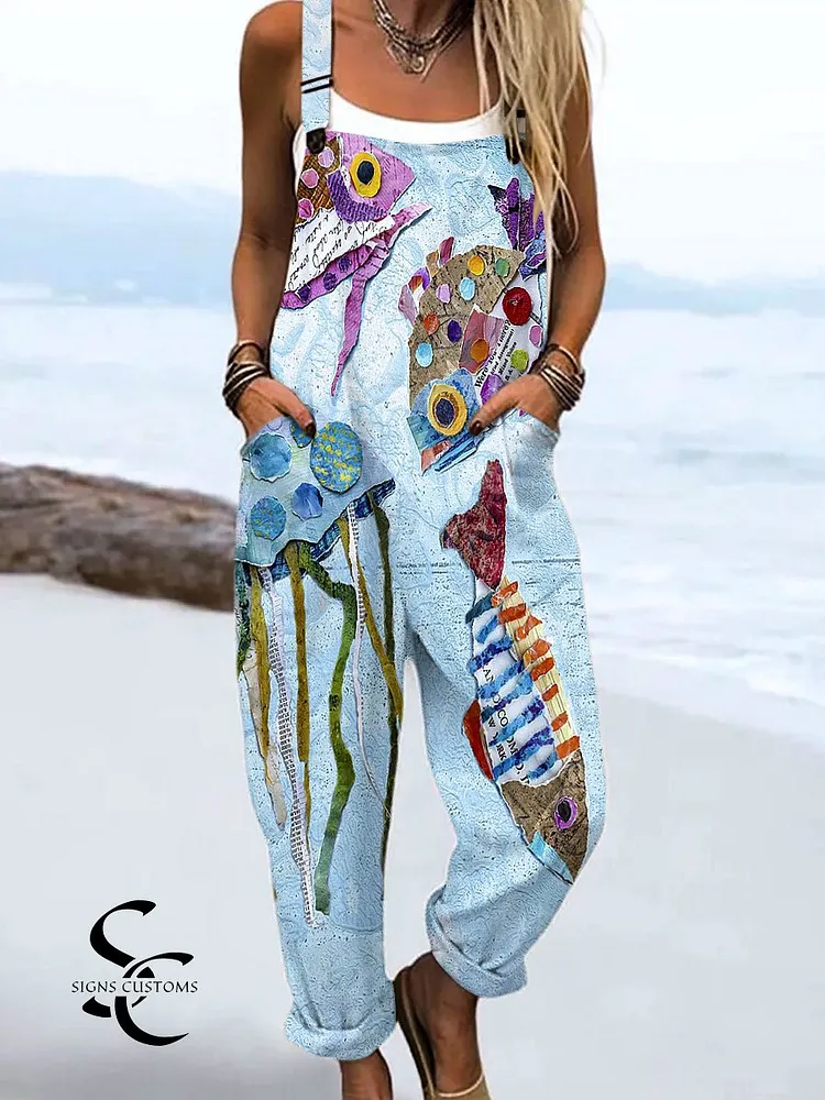 Women's Vintage Ocean Fish Art Print Casual 100% Cotton Wide Leg Jumpsuit