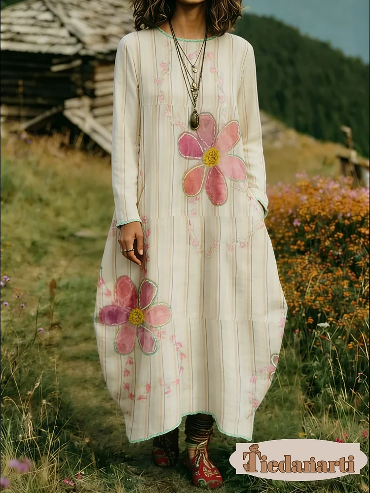 Women's Floral Print Crew Neck Long Sleeve Cotton Pocket Dress