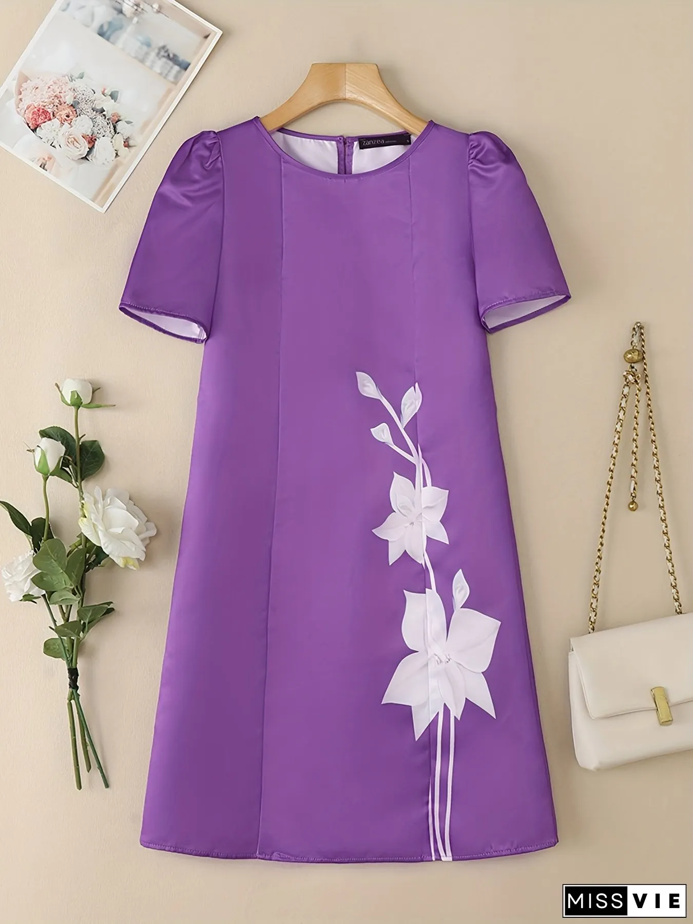 Womens Plus-Size Vintage Floral Print Puff Sleeve Dress Loose Fit Lightweight
