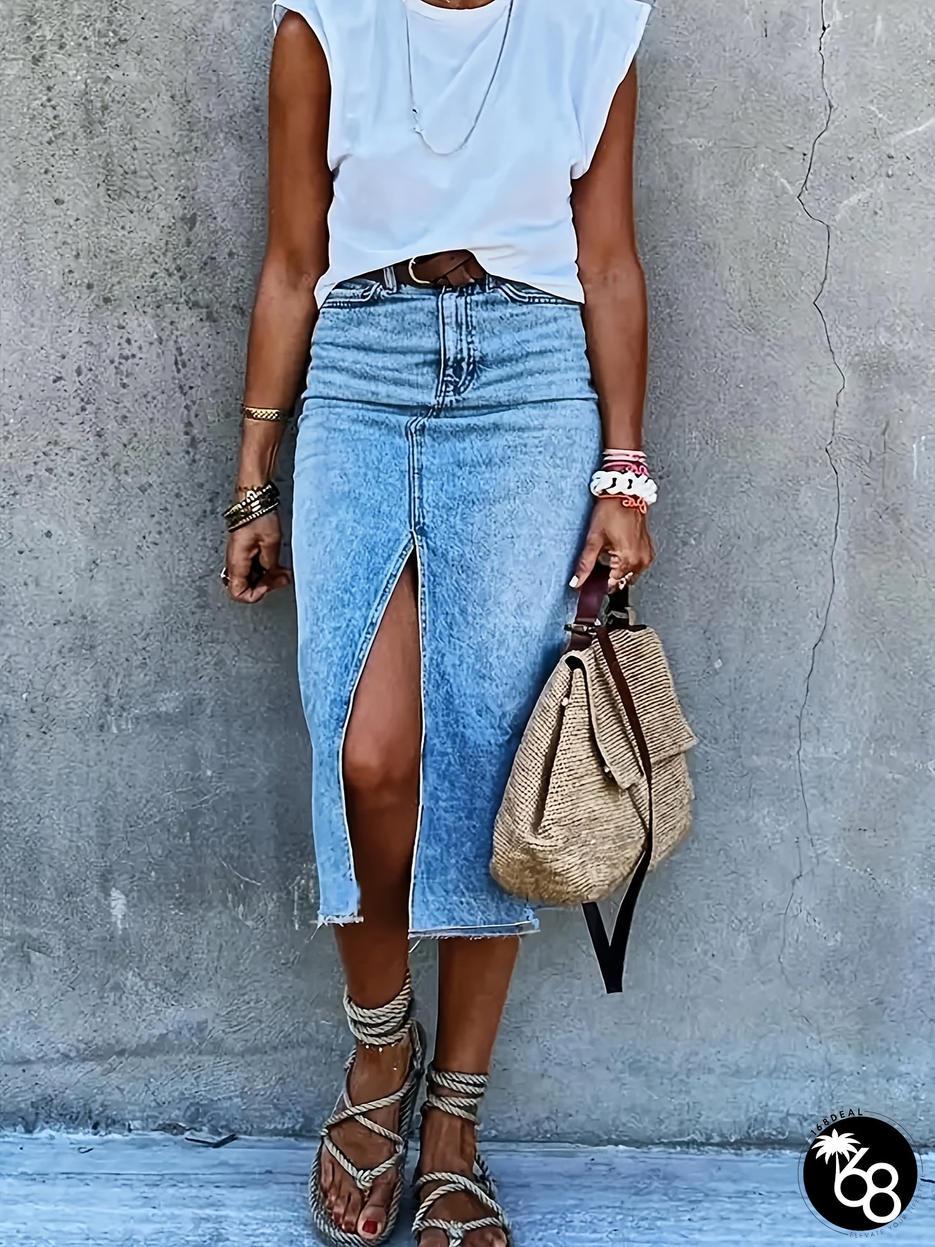 Womens Slim Fit Mid-Length Denim Skirt with Side Slit Retro Bohemian Style Mid-Rise | 168DEAL