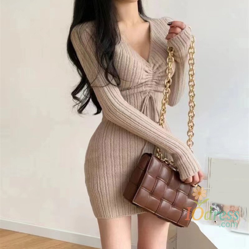 IO Dress V-neck Fashion Long Sleeve Drawstring Knitted Dress Autumn Bodycon Sexy Party Mini Short Dresses Solid Color Elegant Clothing