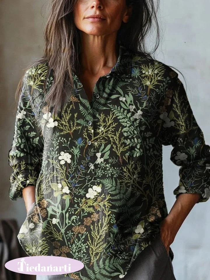 Women's Vintage Lovely Floral Art Print Casual Cotton And Linen Shirt