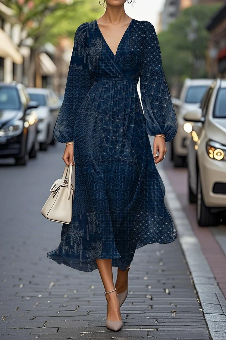 Elegant Art Print Lantern Sleeve V-Neck A-Line Midi Chiffon Dress