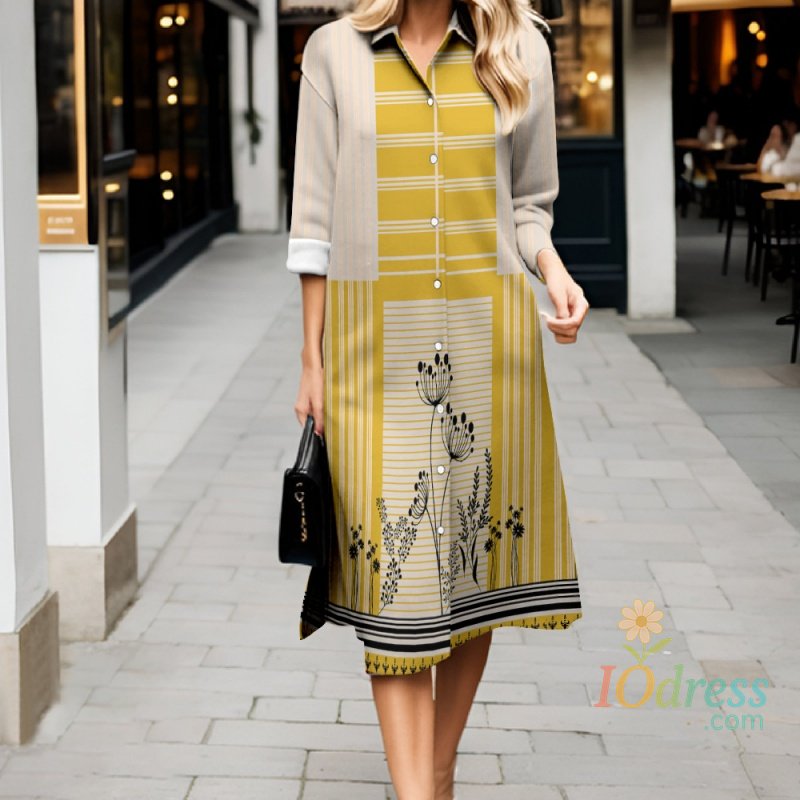 IO Dress Women's Fresh Dress Autumn Casual Button-Up Striped Print Long-Sleeve Dress Women's Loose-Fit Elegant Shirt Dress 2025 Style