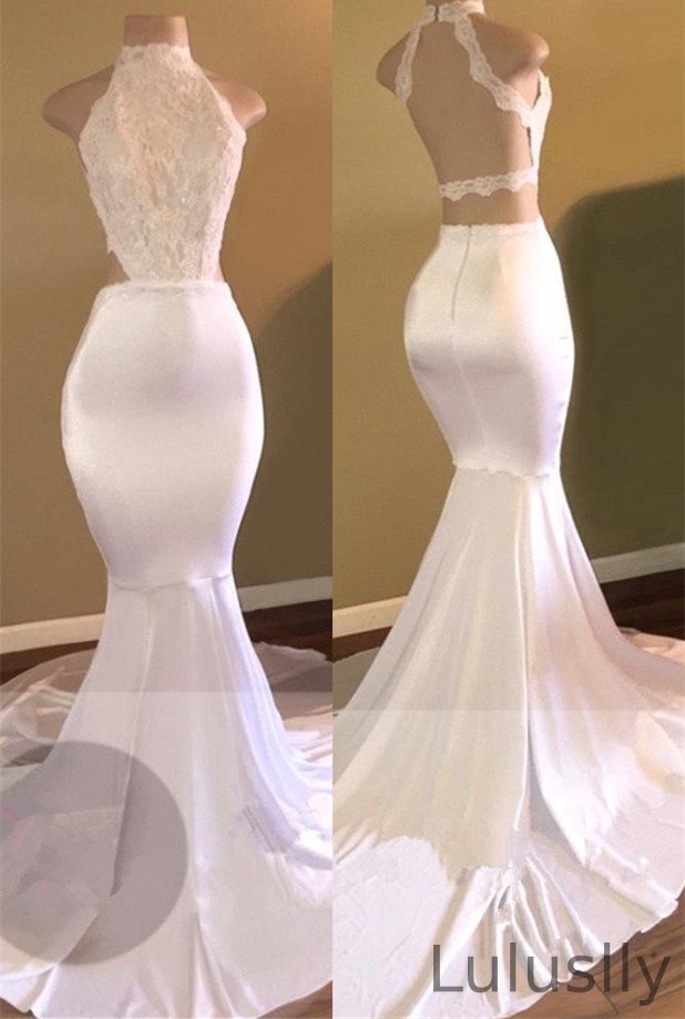Luluslly White High Neck Lace Appliques Prom Dress Mermaid Long