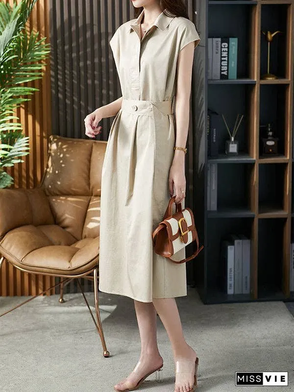 Plus Size Short Sleeves Bandage Solid Color Lapel Midi Dresses