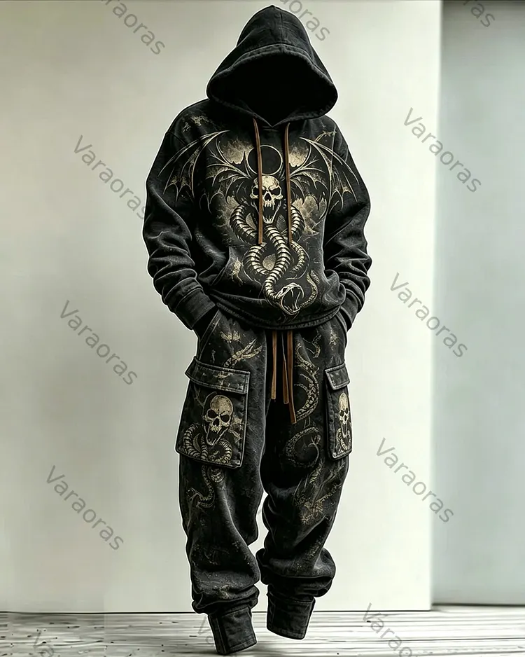 Men's Fashion Contrast Color Skull Embroidered Hoodie & Pants Two-Piece Set 8170