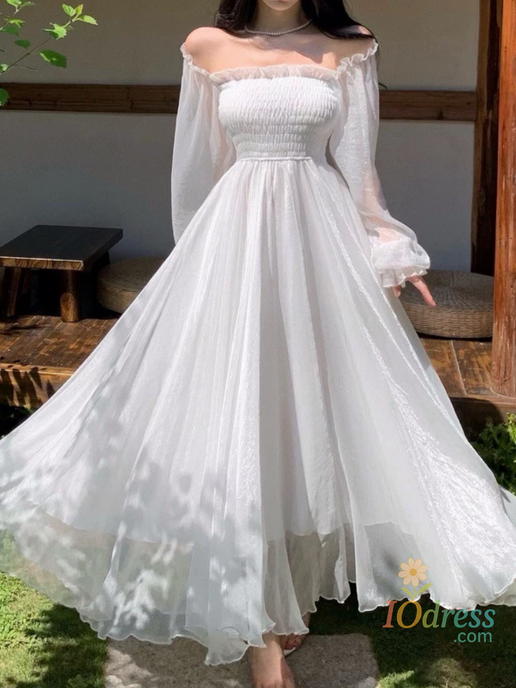 IO Dress Horetong Elegant Maxi Dresses For Women White Off Shoulder Puff Long Sleeve Elastic High Waist Party Gown Ruffle Holiday Dress