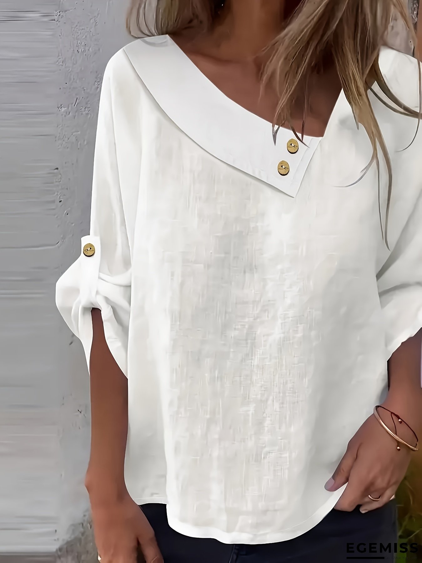 Women's Elegant Blouse - Asymmetrical One-Shoulder Long Sleeve Shirt with Button Front, Loose Fit Office & Everyday Blouse in Beige/Neutral Tones - All-Season Women's Tops for Casual Formal Outfits, Versatile Top, Vintage Design, Quality Stitching | EGEMISS
