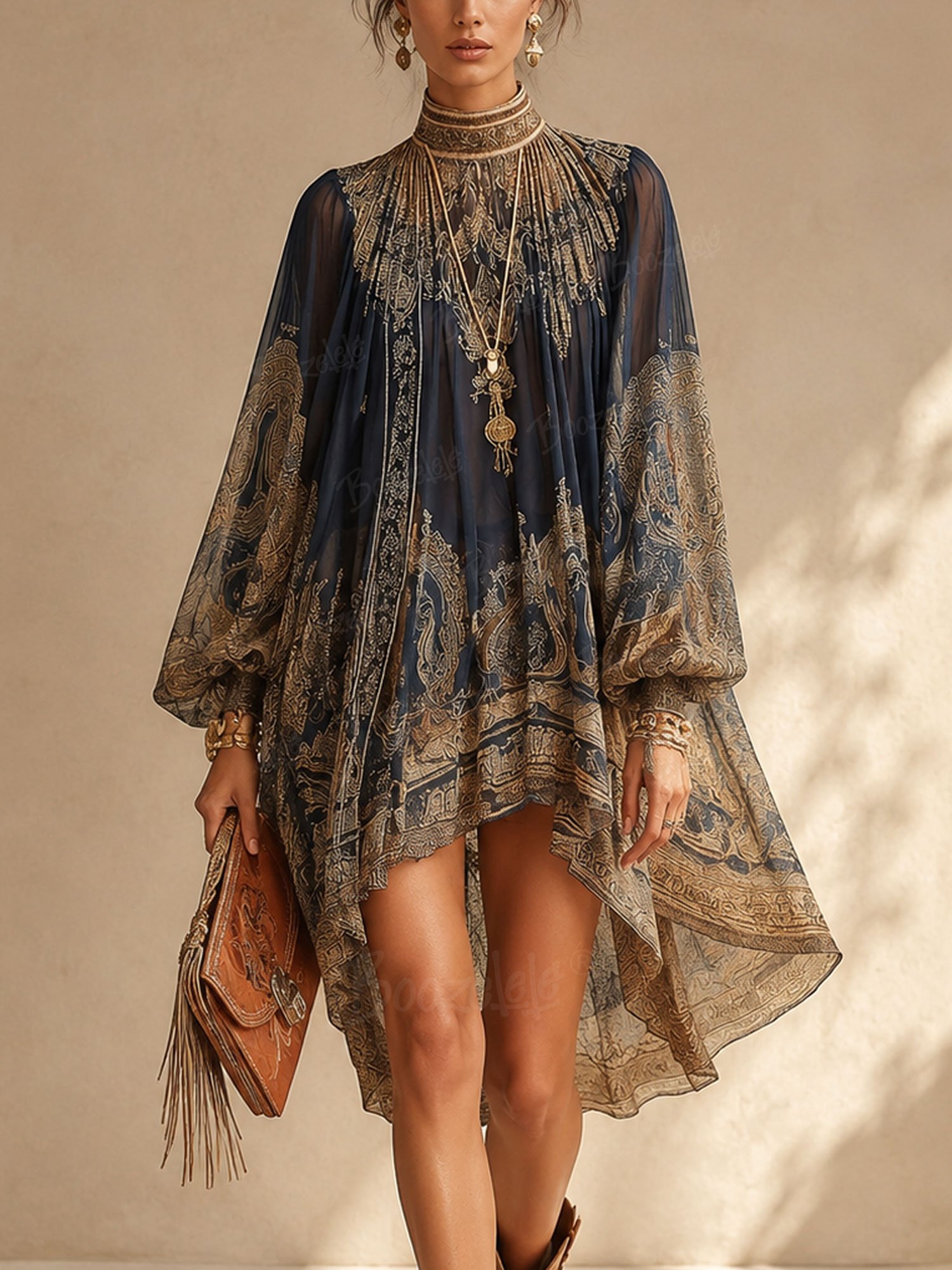 Boho Desert Music Festival &mdash; Vintage Midnight Blue Mock-Neck Bishop-Sleeve Oversized Flowy Mesh Mini Dress