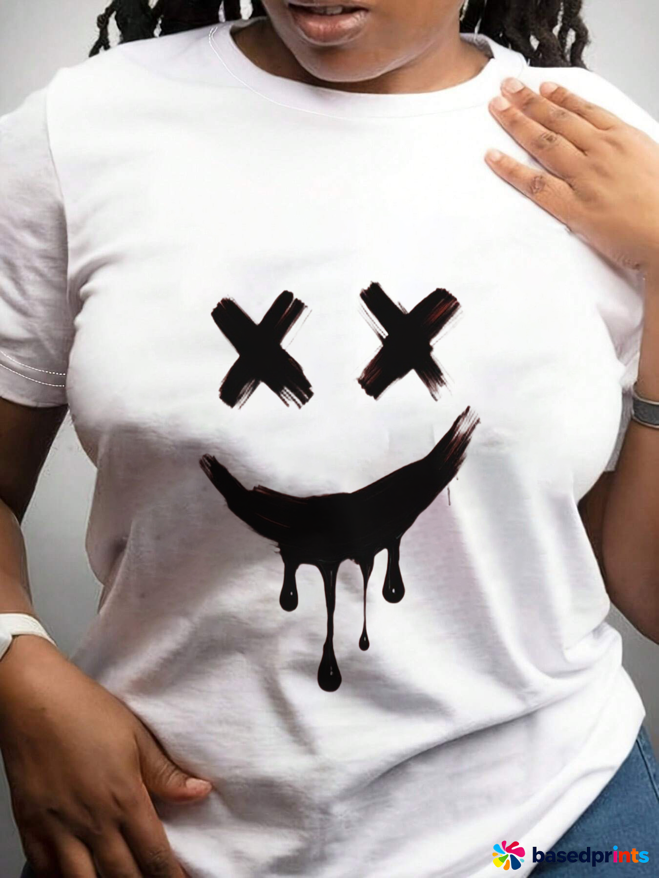 White T-Shirt with Black Smiley Face Print