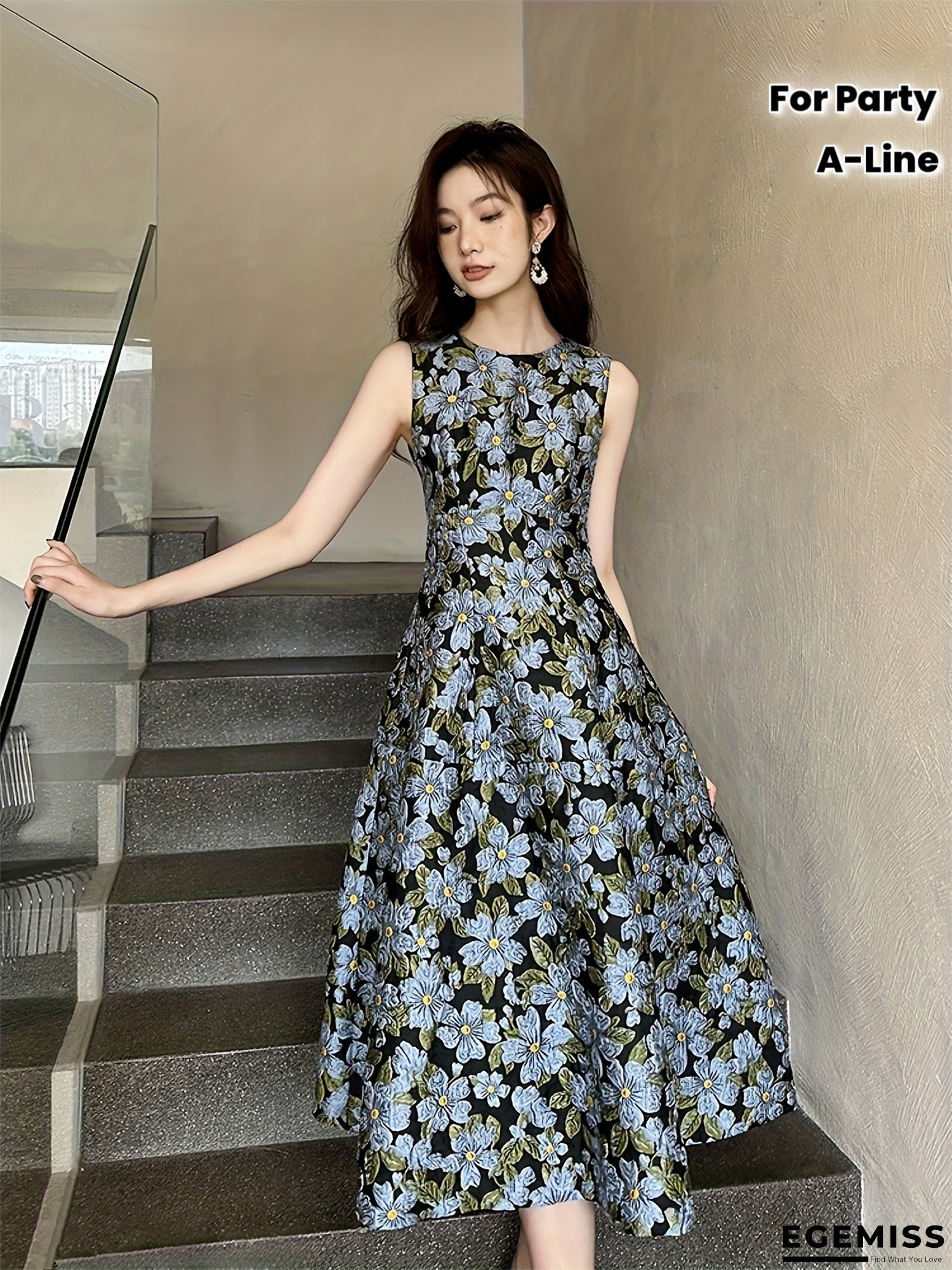 Women's Elegant French Formal dress - Floral, Flared A-Line party & office, Long evening gown in Navy/, for Weddings, galas - All-Season non-stretch Formal Attire, Chic Dress, Wedding Guest Attire, Sophisticated Fabric, Office Attire | EGEMISS