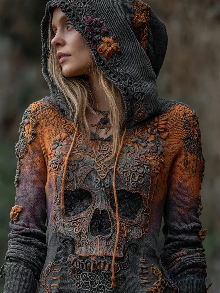 Halloween Skull Floral Celtic Gradient Knit Hooded Sweater