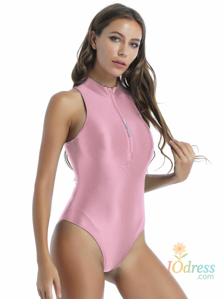 IO Dress Women Glossy Sleeveless Skinny Bodysuit School Girl Swimsuit Solid Color Double Zipper Front Shiny Leotard Swimwear